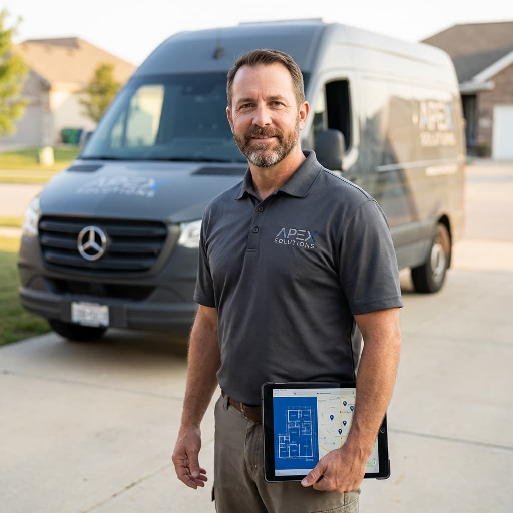 Professional independent contractor with service van and tablet managing portable plans